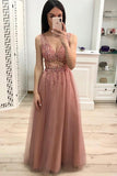 New A Line V Neck Beading Prom Dress, Long Tulle Prom Dress OKK23