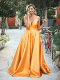 Orange Spaghetti-Straps Elegant V-Neck Backless Sleeveless Prom Dress OKN7