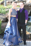 Elegant Two Pieces A-Line Blue Organza Long Prom Dress With Beads OKB20