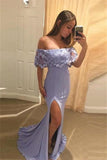 Pretty Lavender Off Shoulder With Lace Split Mermaid Prom Dress OKF15