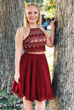 New Arrival Two Piece A Line Short Burgundy Chiffon Homecoming Dresses OKB15