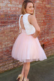 Pink A Line Tulle Short Homecoming Dresses with White Lace Top OKB31