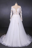 A Line Tulle Lace Appliques Long Sleeves Wedding Dresses, Cheap Bridal Dresses OKQ28