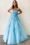 A-line Spaghetti Straps Sky Blue Tulle Prom Dress With Appliques OKU27