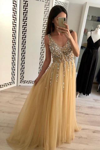 Charming A Line Tulle V Neck Floor Length Prom Dress Beads Sequins OKJ24