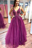 A Line Purple Tulle Beading Long Prom Dress with Appliques OKH93