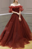 Burgundy Off Shoulder Tulle Long Prom Dress A Line Formal Evening Dress OK1271