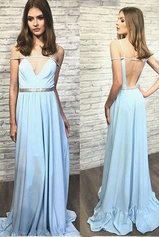 Modest V-neck A-line Sky Blue Chiffon Long Backless Prom Dresses OKB46