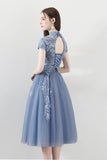 Blue A Line Tulle Cap Sleeves High Neck Homecoming Dress With Lace Appliques OKC6