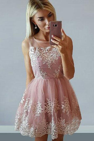 A-line Tulle Lace Appliqued Short Homecoming Dress For Teens OKB70