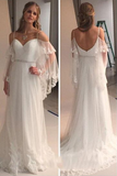 Elegant Cold Shoulders Hippie A Line Tulle Long Sweep Train Wedding Dresses OKA97