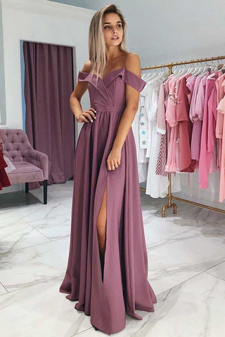 Charming A Line Off the Shoulder Spaghetti Straps Grape Long Prom Dress OKE91