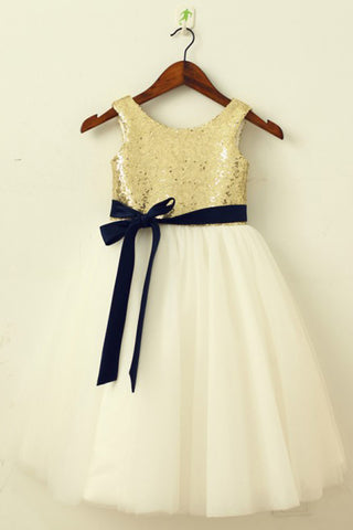 A-Line Round Neck Ivory Flower Girl Dresses with Sequins Sash OKP23