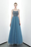 A-line Spaghetti Straps Blue Lace Up Back Beading Tulle Long Prom Dress OKR84