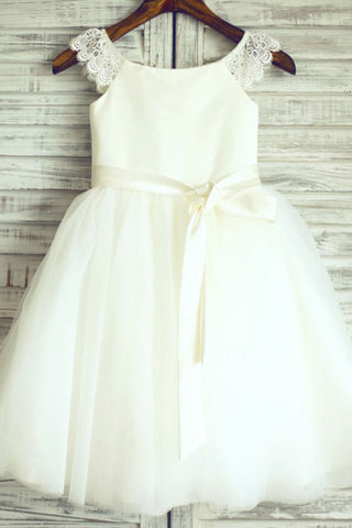 A-Line Round Neck White Flower Girl Dresses with Sash Lace OKP26