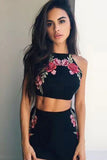 Tight Two Piece Black Satin Homecoming Dresses with Flower Appliques OKB76