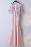 Elegant Pink Round Neck Short Sleeves Satin Lace Applique Long Prom Dress OK649