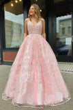 Pink V Neckline Spaghetti Straps Lace Appliqued A-line Long Prom Dress OKV40