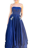 Royal Blue Strapless Long A Line Bridesmaid Dresses with Pockets, Cheap Prom Dress with Beads OKM56