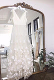 A Line V Neck Floor Length Wedding Dress Ivory Lace Appliques Bridal Dress OK1055