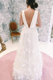 A Line V Neck Floor Length Wedding Dress Ivory Lace Appliques Bridal Dress OK1055