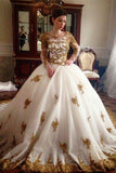 Vintage Gold Lace Appliques Beaded Long Sleeves Wedding Dress Ball Gowns OKG81