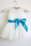 Light Ivory Blue Ribbon Lace Tulle Flower Girl Dresses With Blue Sash/Bows OK209