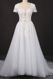 Off White A Line Short Sleeves Lace Appliques Wedding Dresses, Bridal Gown OKQ32