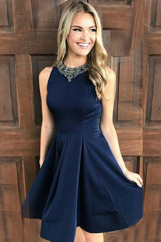 Beautiful A-Line Short Navy Blue Homecoming Dresses with Beading OKB75