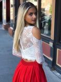 Two Piece Long Sleeves Cold Shoulder Red Long Prom Dresses with White Lace Pockets OKI73