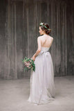 Spaghetti Straps Backless Grey Tulle Long Wedding Dresses With Lace Appliques OK531