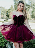 Burgundy Short Tulle Sweetheart A Line Mini Cocktail Party Dresses,Cheap Homecoming Dresses OKC16