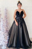 Spaghetti Straps Black V Neck Backless Tulle Prom Dress With Applique OKU3