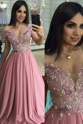 Off the Shoulder Dusty Rose Long Prom Dress Pearl Lace Formal Dress OKO98