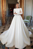 Simple Ivory Long Sleeves Satin A Line Wedding Dress OKG43