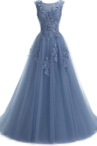 A Line Round Neck Lace Appliques Floor Length Prom Dress OKR11