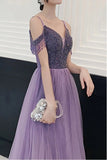 Elegant Cold Shoulder Beaded Lilac Tulle Long Prom Dress OKT95