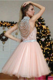 Chic Pearl Pink A Line Appliques Beading Short Homecoming Dresses OKB51