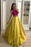 Stunning A Line Satin Yellow Beaded Sleeveless Long Prom Dress OKI51