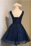 A-line Appliques Dark Navy Charming Short Homecoming Dress Graduation Dress OKY28