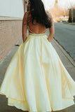 A-line Spaghetti Straps Backless Yellow Satin Prom Dress With Beading OKU5