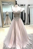 A Line Long Spaghetti Straps Sweetheart Beading Tulle Prom Dresses OKB93