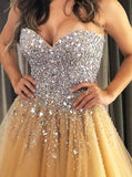 Sweetheart Gold Tulle A-line Prom Evening Dress with Beading OKT96