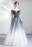 Ombre A Line Half Sleeves Tulle Round Neck Prom Dress OKQ75