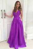 Simple A-Line Deep V-Neck Backless Long Purple Satin Prom Dresses with Pockets OKJ34