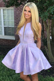 A-Line Above-Knee Lilac Satin Printed Homecoming Dresses with Pockets OKM15