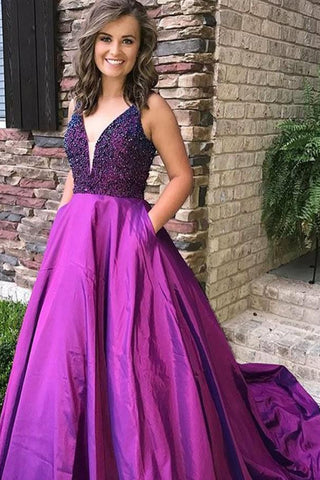 Purple A Line Beading V Neck Prom Gowns With Pockets Cheap Formal Evening Dress OKI65