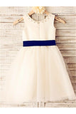 Ivory A-line Scoop Sleeveless Bowknot Tea-Length Tulle Flower Girl Dress With Belt OK713