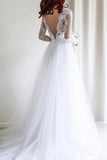 Simple A-line Long Sleeves White Tulle Lace Top Long Wedding Dress OKA47