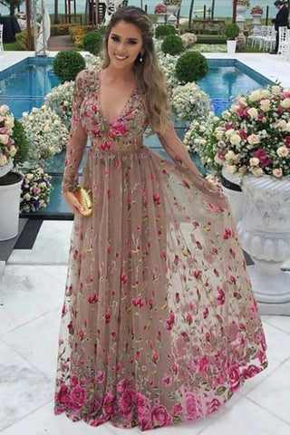 A-Line V-Neck Long Sleeves Tulle Prom Dress with Floral Appliques OKN10